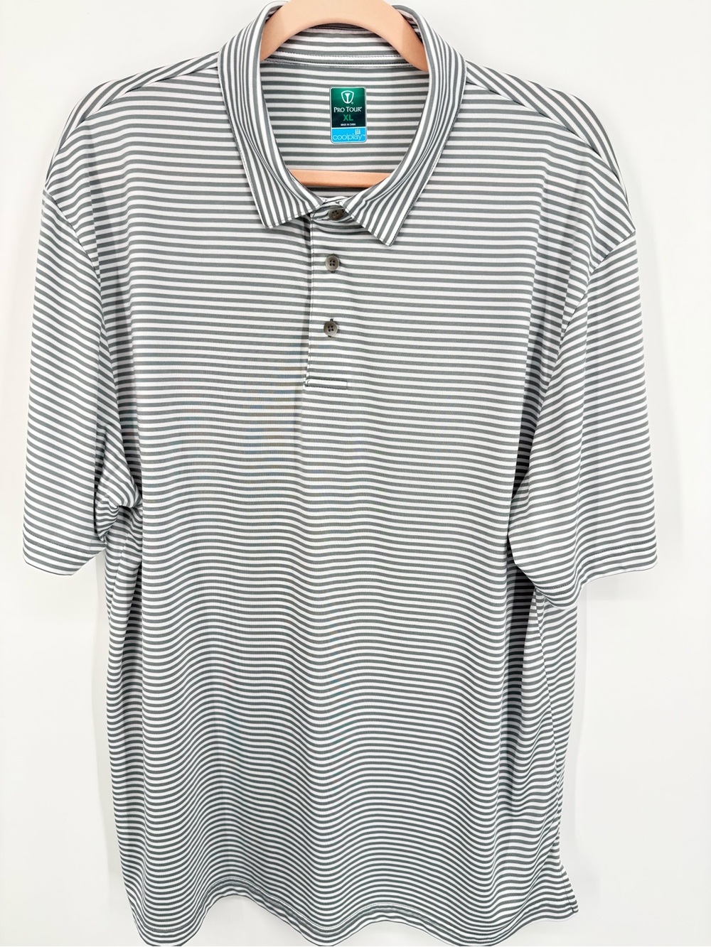 Pro Tour Cool Play Men's XL Gray White Stripe Short Sleeve Polo Golf Shirt